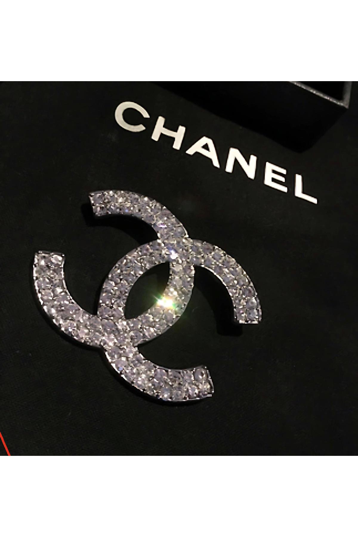 İthal lüks marka moda cc trend metal gümüş gri taşlı iğneli broş yaka eşarp fular