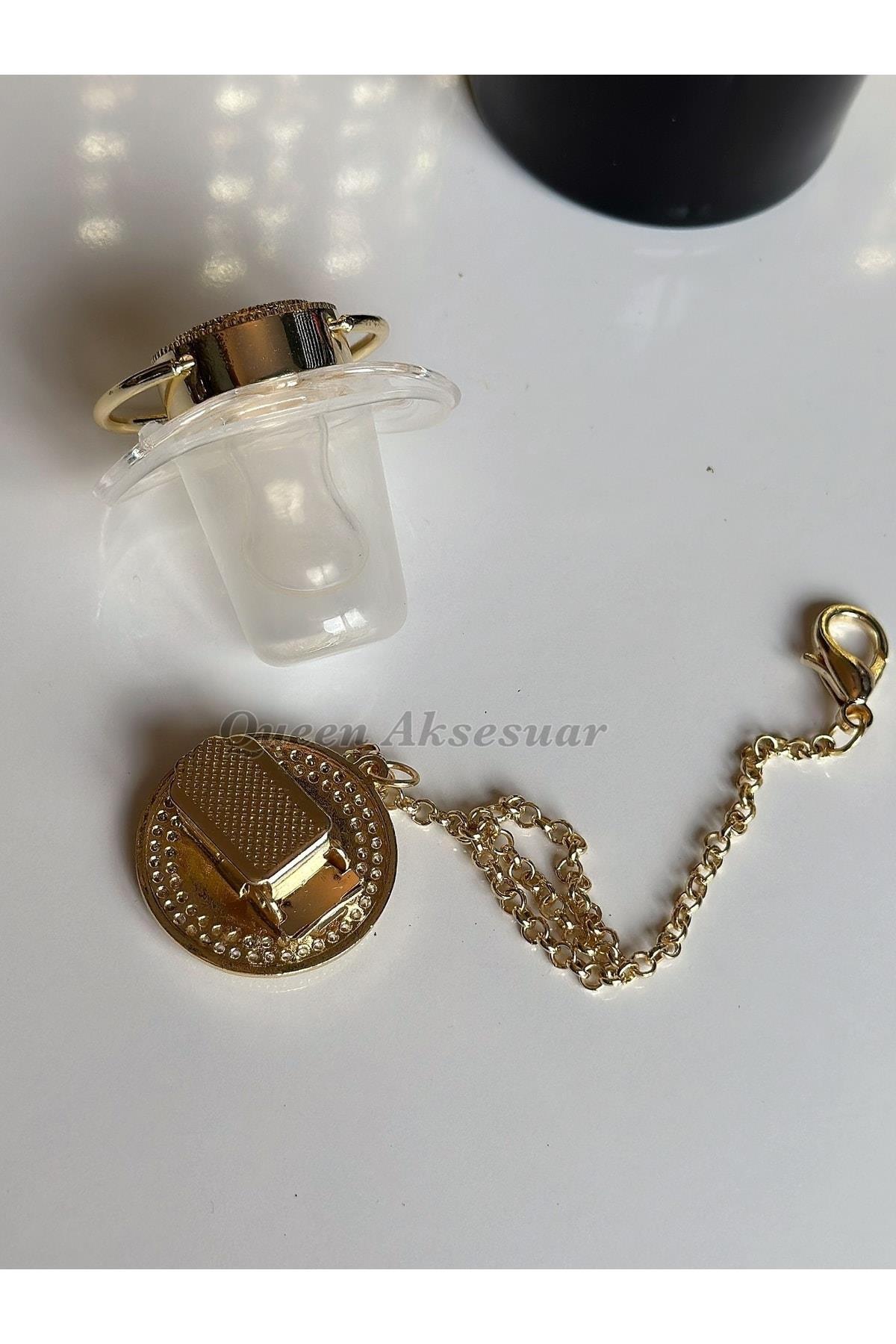 Ithal Lüks Moda Marka Logo Beyaz Kız Erkek Bebek Kristal Swarovski Taşlı Emzik Zincirli Askı Seti