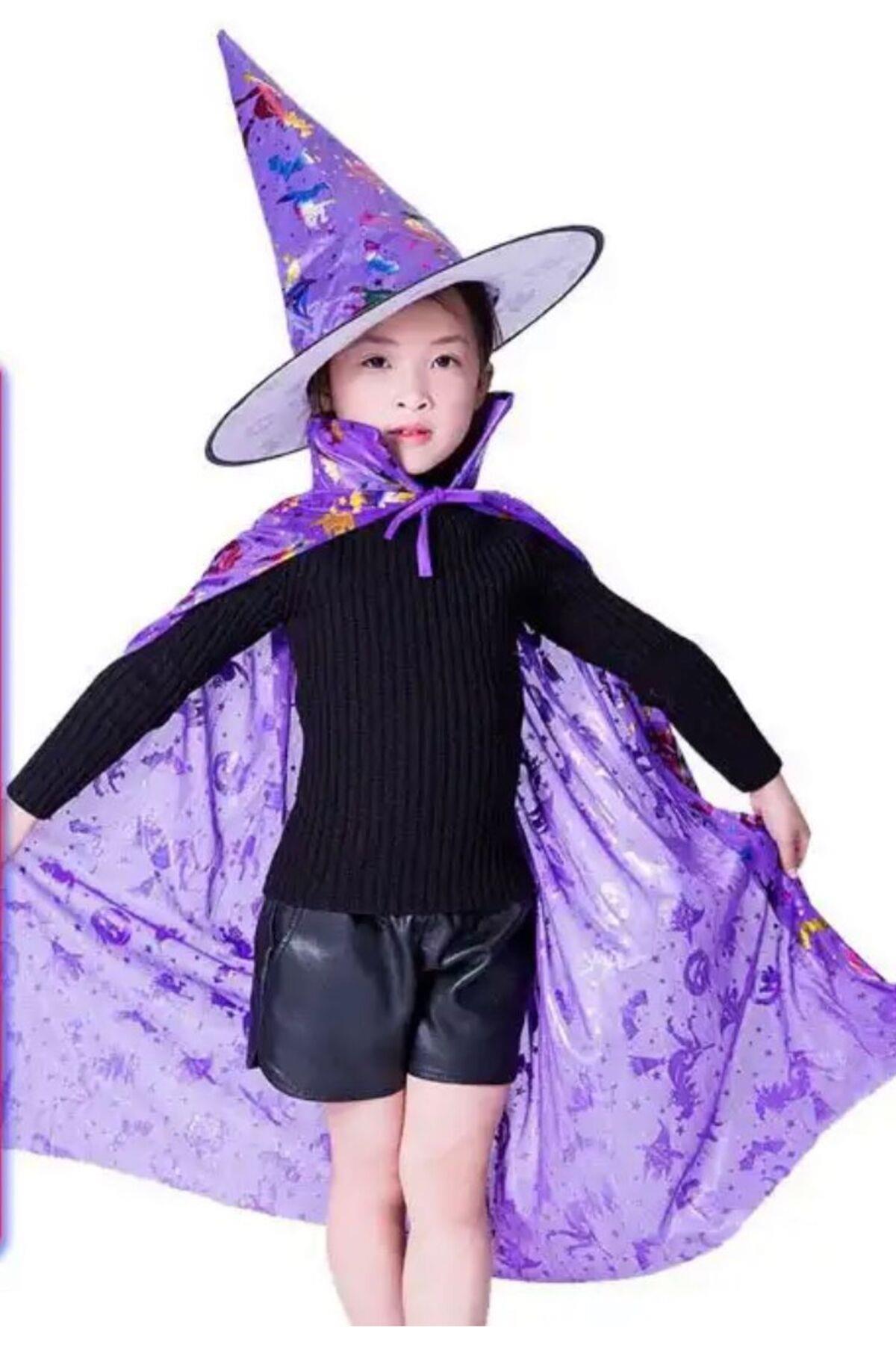 İthal lüks parlak desenli cadılar bayramı parti kostüm şapkası halloween cadı mor yetişkin çocuk