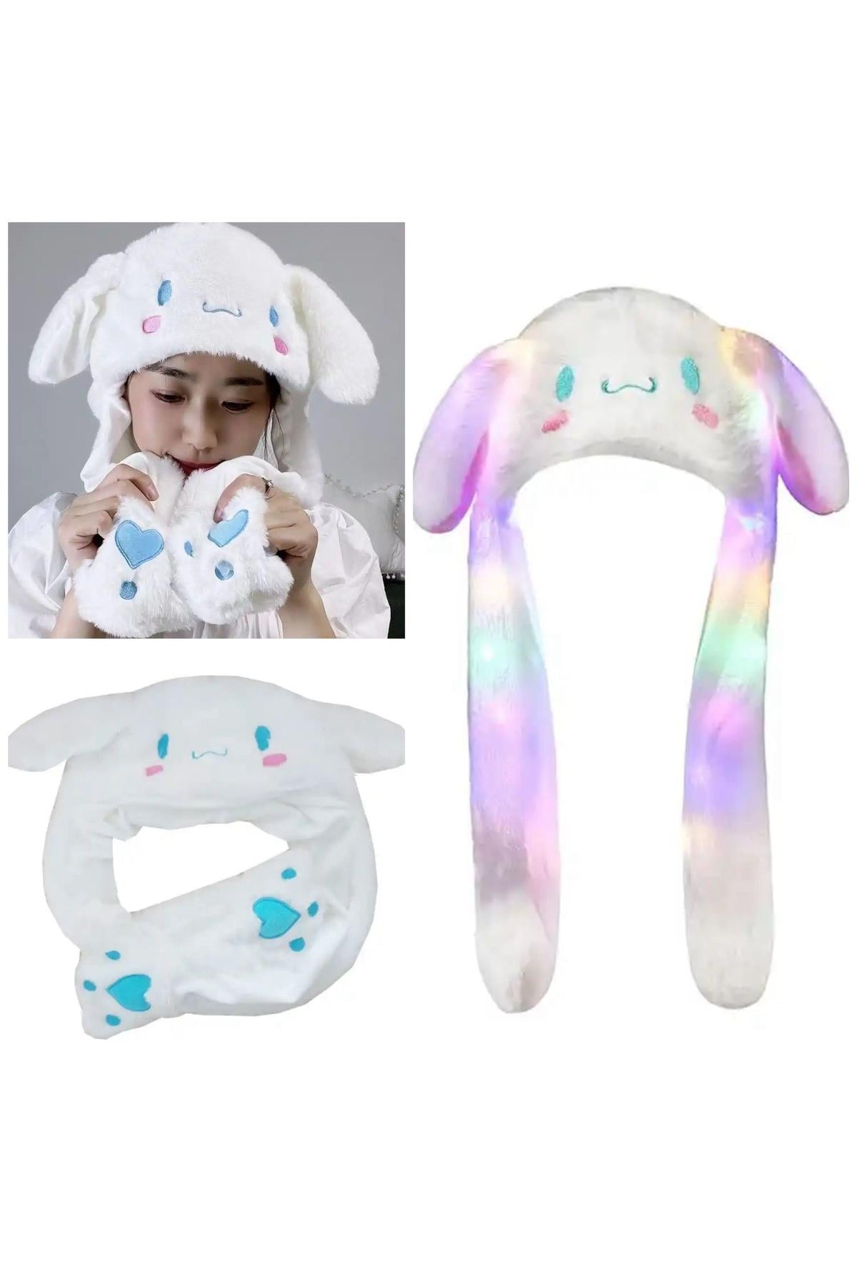 İthal lüks peluş ışıklı pompalı hareketli kulak atklı cinnamoroll kuromi beyaz tavşan kulaklık şapka