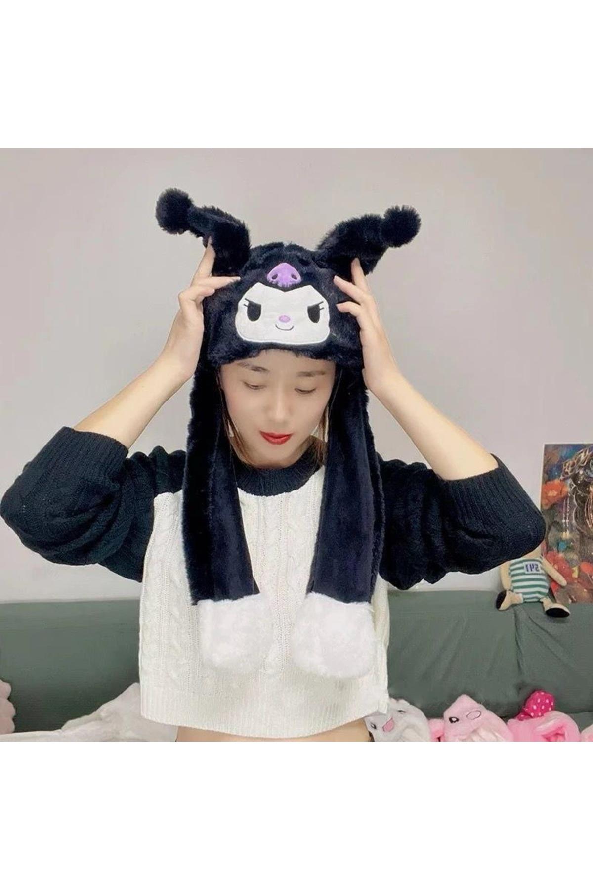İthal lüks peluş ışıklı pompalı hareketli kulak atkılı Hello kitty kuromi siyah kedi kulaklık şapka