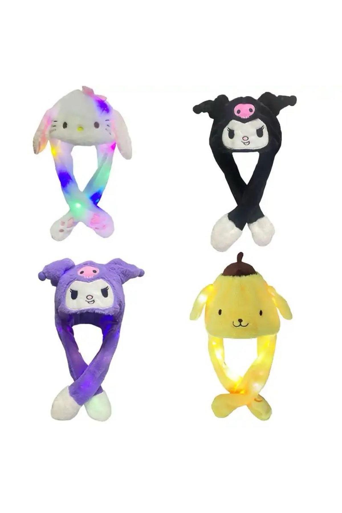 İthal lüks peluş ışıklı pompalı hareketli kulak atkılı Hello kitty kuromi siyah kedi kulaklık şapka