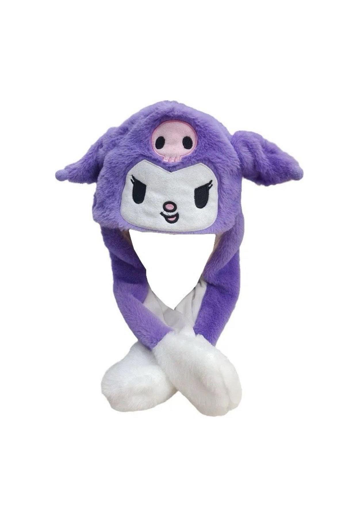 İthal lüks peluş ışıklı pompalı hareketli kulak atkılı Hello kitty kedi kuromi mor kulaklık şapka