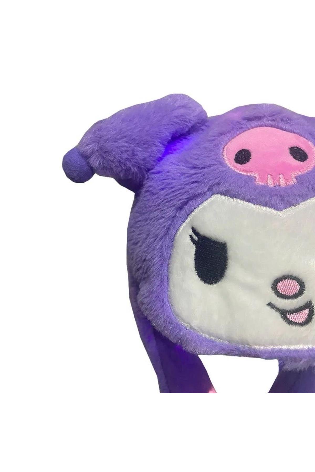 İthal lüks peluş ışıklı pompalı hareketli kulak atkılı Hello kitty kedi kuromi mor kulaklık şapka
