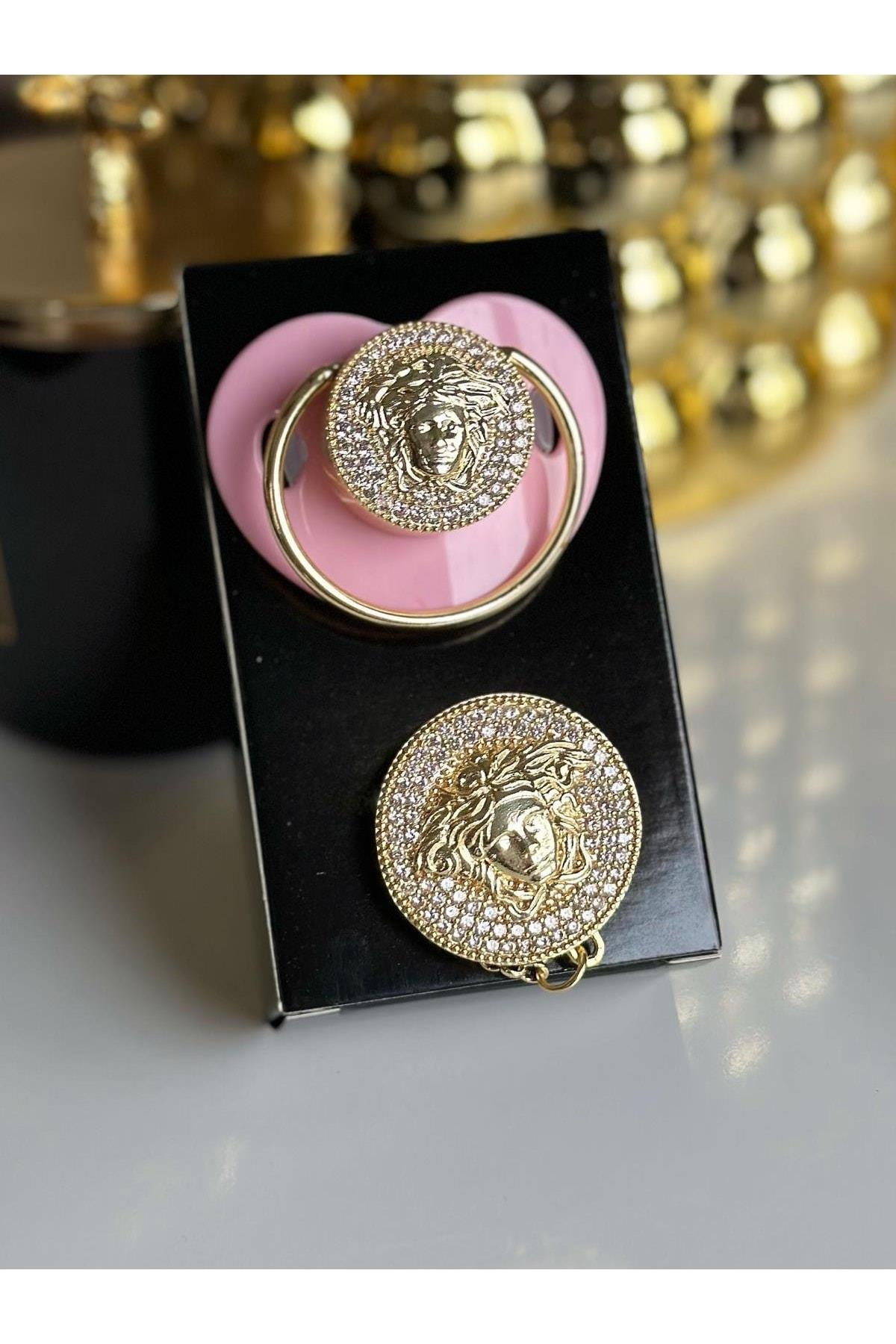 Ithal Lüks Trend Marka Logo Pembe Kız Bebek Kristal Swarovski Taşlı Emzik Zincirli Askı Gold Altın