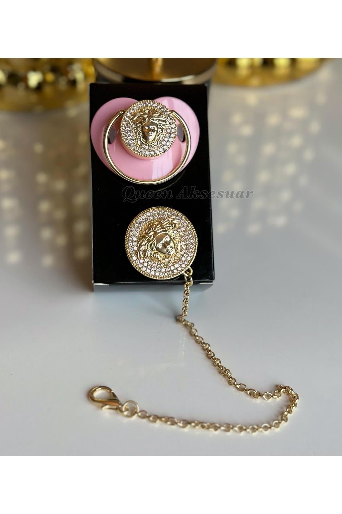 Ithal Lüks Trend Marka Logo Pembe Kız Bebek Kristal Swarovski Taşlı Emzik Zincirli Askı Gold Altın