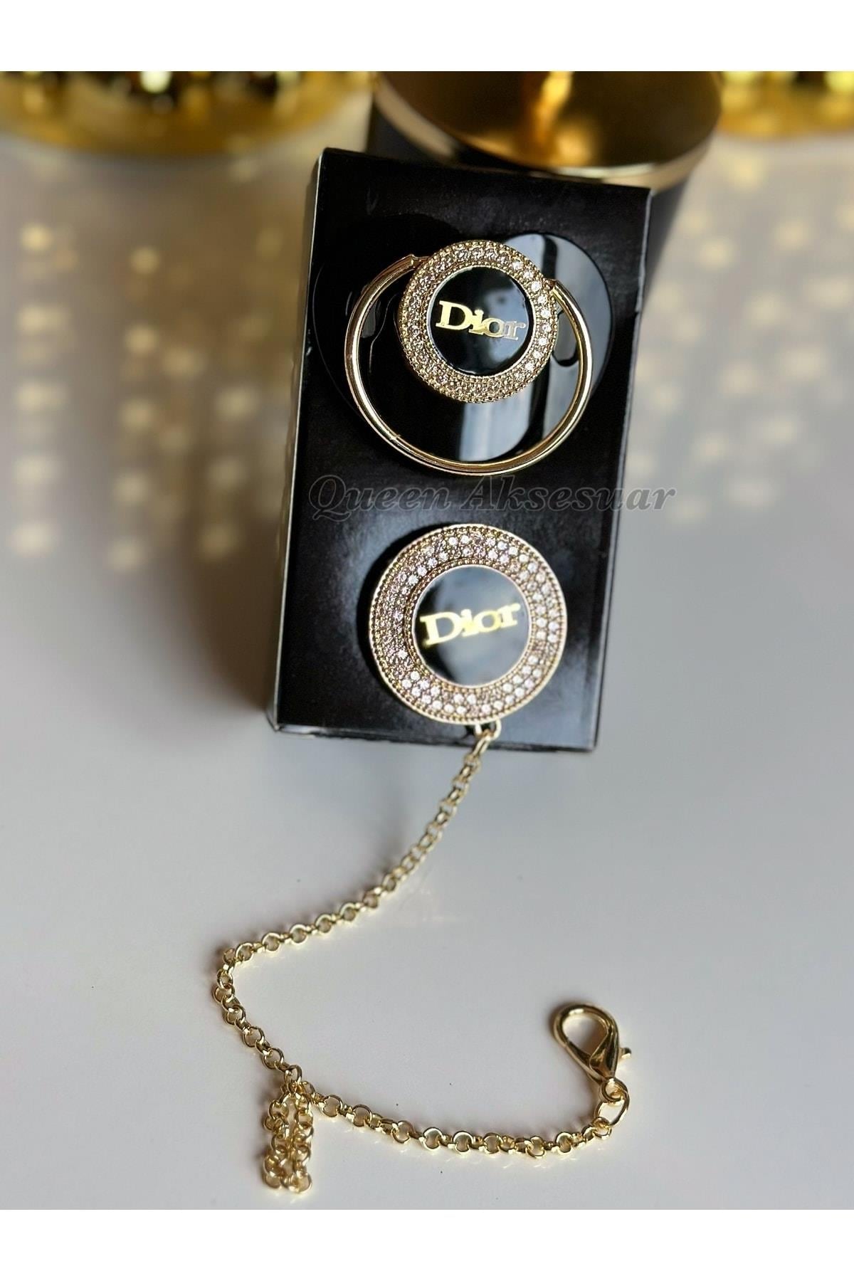 Ithal Lüks Trend Marka Logo Siyah Kız Bebek Kristal Swarovski Taşlı Emzik Zincirli Askı Hediye Seti