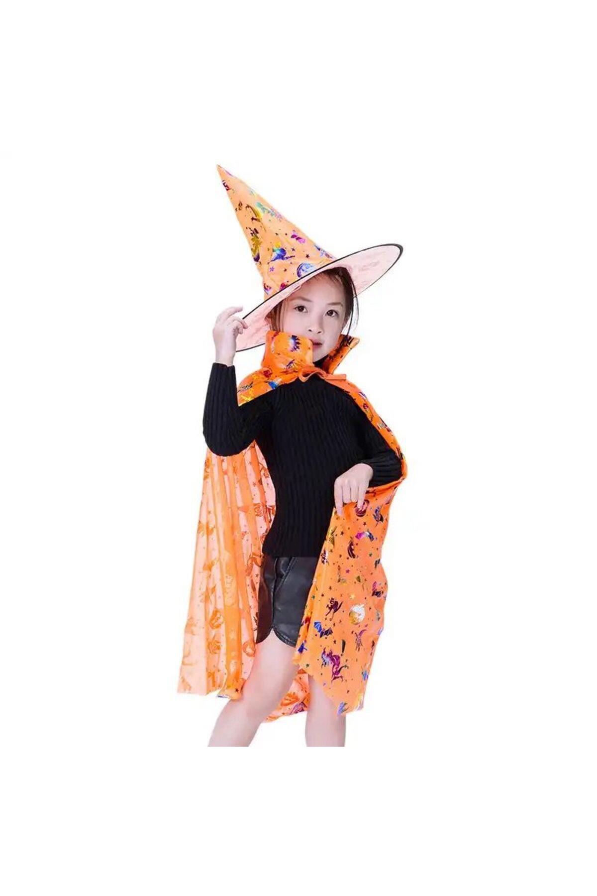 İthal lüks turuncu parlak desenli cadılar bayramı parti kostüm şapkası halloween cadı yetişkin çocuk