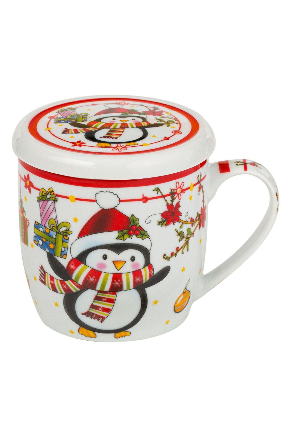 İthal lüks yeni yıl yılbaşı Noel hediyesi kutulu kapaklı kupa bardak kaşık seti süslü penguen desen