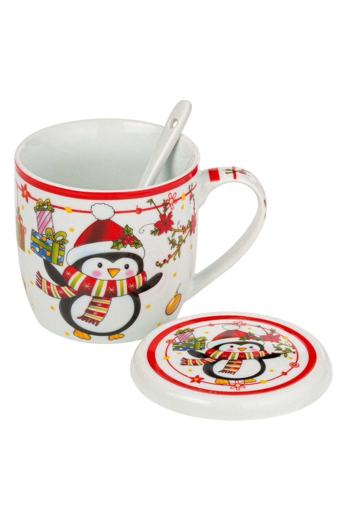 İthal lüks yeni yıl yılbaşı Noel hediyesi kutulu kapaklı kupa bardak kaşık seti süslü penguen desen