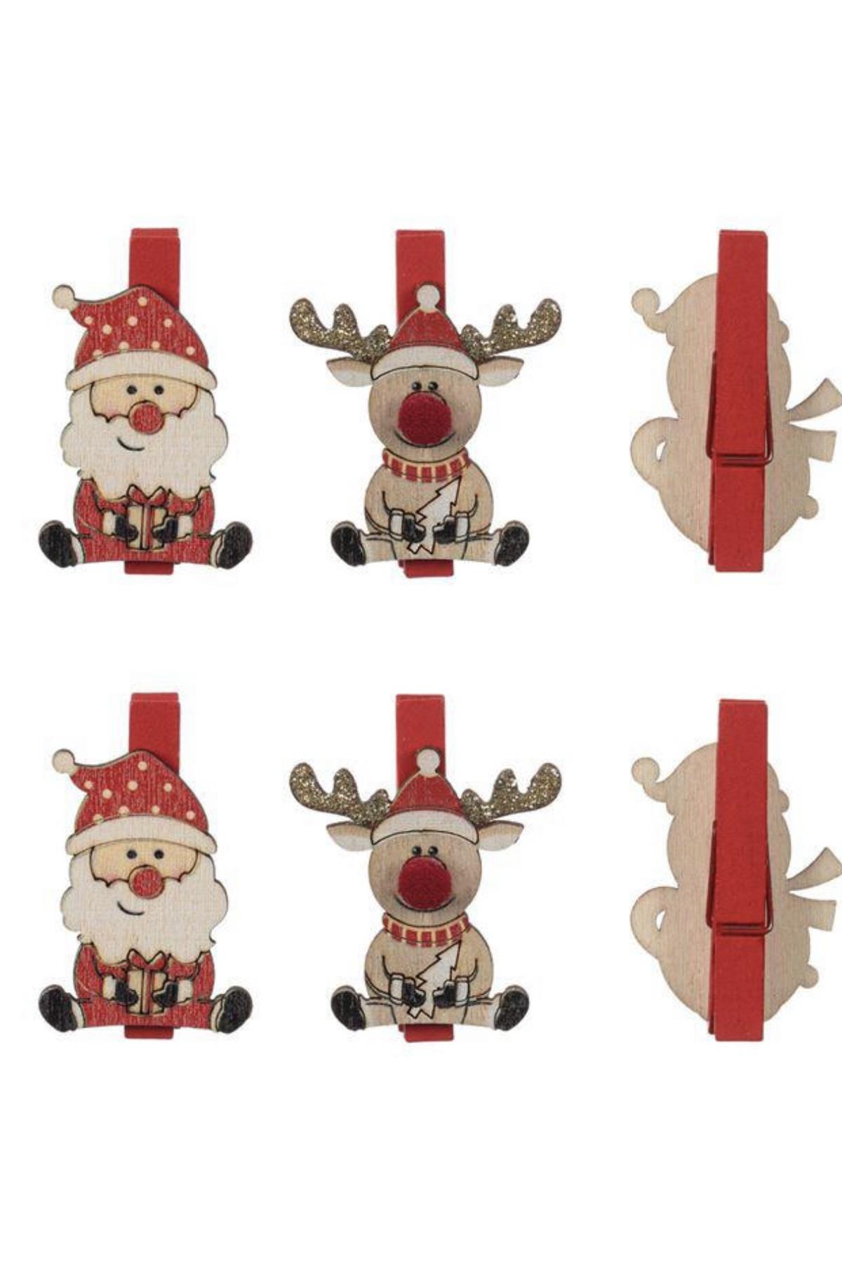 İthal lüks yılbaşı ahşap simli Noel baba geyik penguen süslü hediye paketi notluk mandal seti 6lı