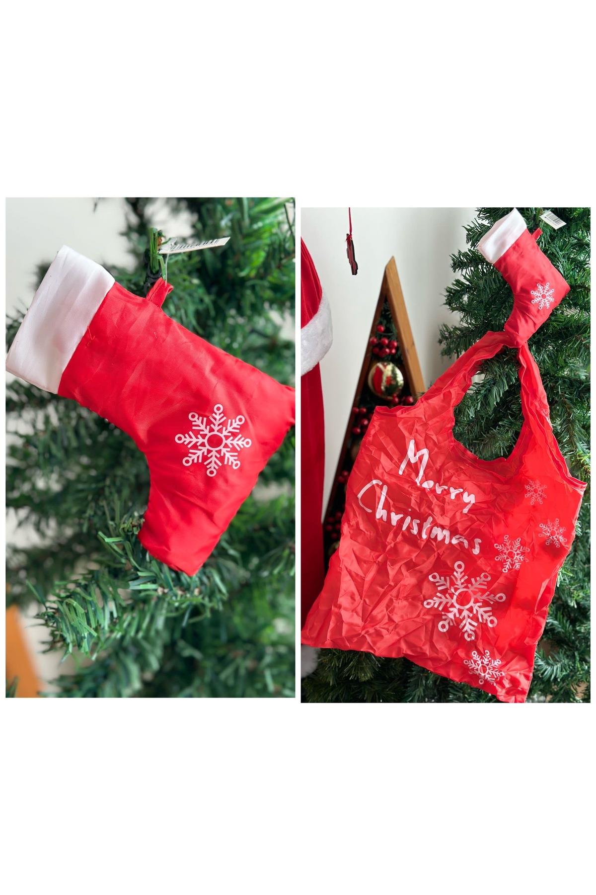 İthal lüks yılbaşı noel çorap alışveriş çantası tekrar kullanılabilir katlanır torba poşet kırmızı