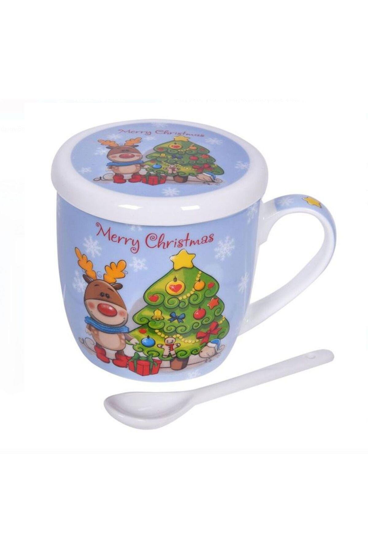 İthal lüks yılbaşı Noel hediyesi kutulu kapaklı kupa bardak kaşık seti geyik çam ağacı desenli