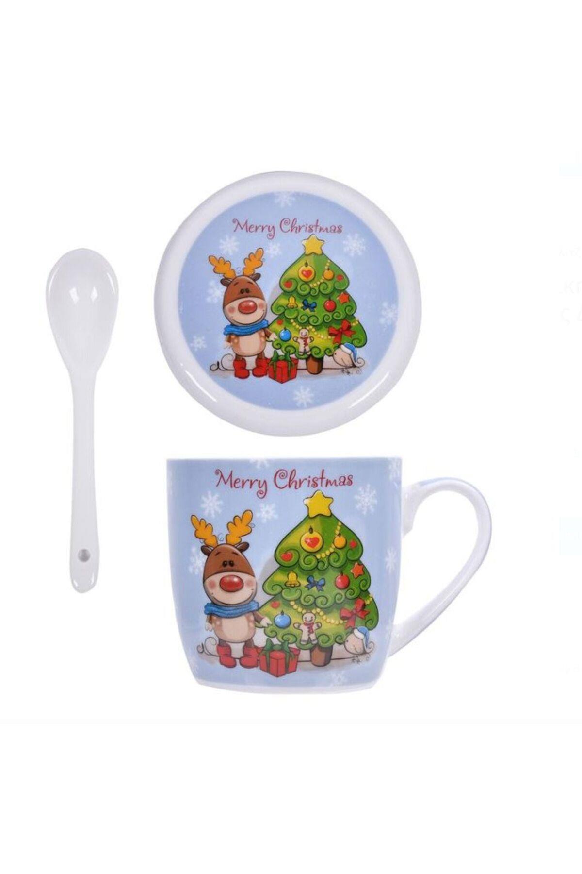 İthal lüks yılbaşı Noel hediyesi kutulu kapaklı kupa bardak kaşık seti geyik çam ağacı desenli