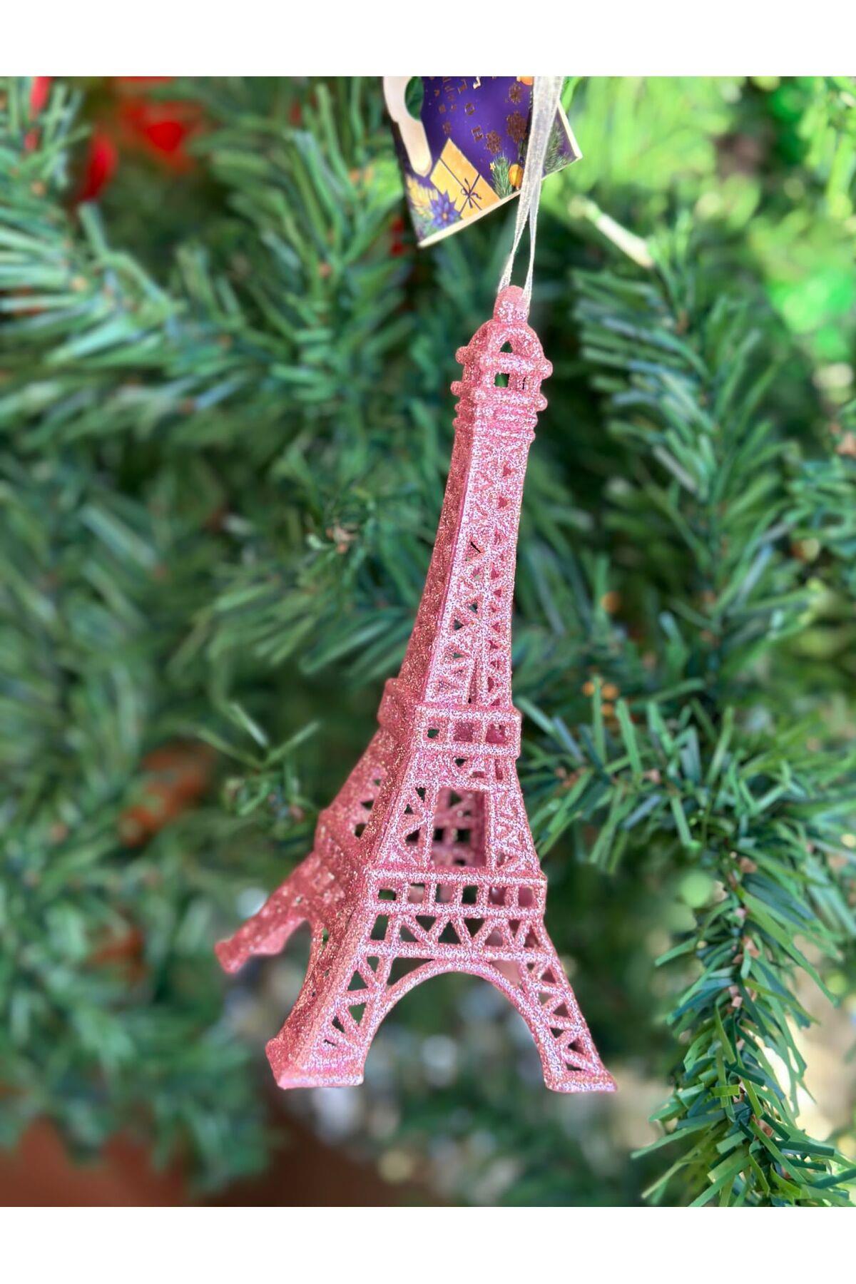 İthal lüks yılbaşı simli koleksiyonluk büyük Paris eiffel eyfel kule çam ağacı dekorasyon süsü pembe