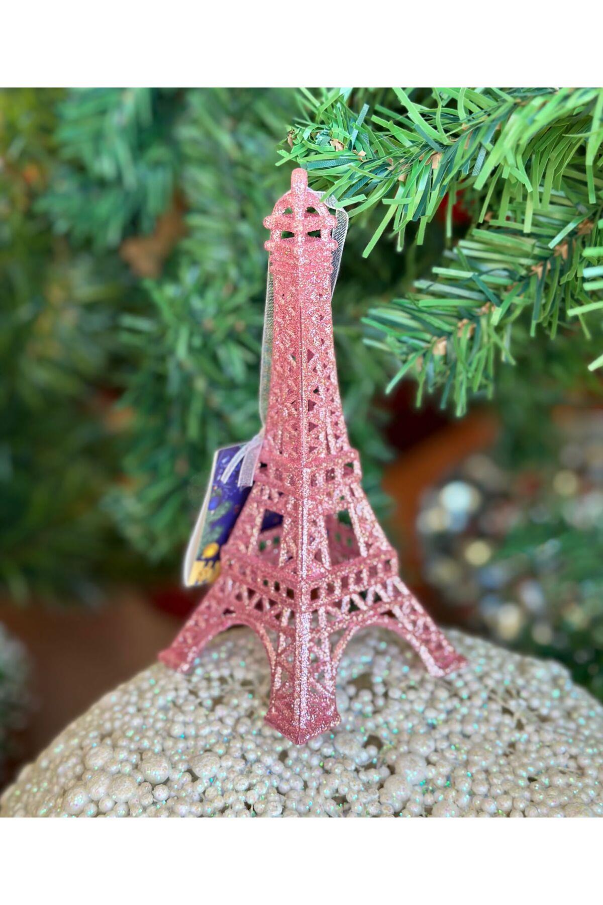 İthal lüks yılbaşı simli koleksiyonluk büyük Paris eiffel eyfel kule çam ağacı dekorasyon süsü pembe