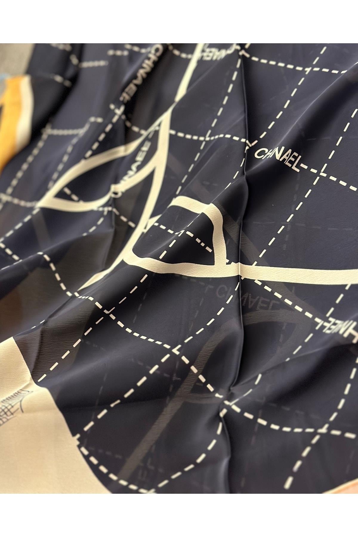 Ithal Marka Moda Trend Eşarp Şal Baş Örtüsü Kamelya Gül Çiçek Desen Ipek Kumaş 90x180 Lacivert Krem