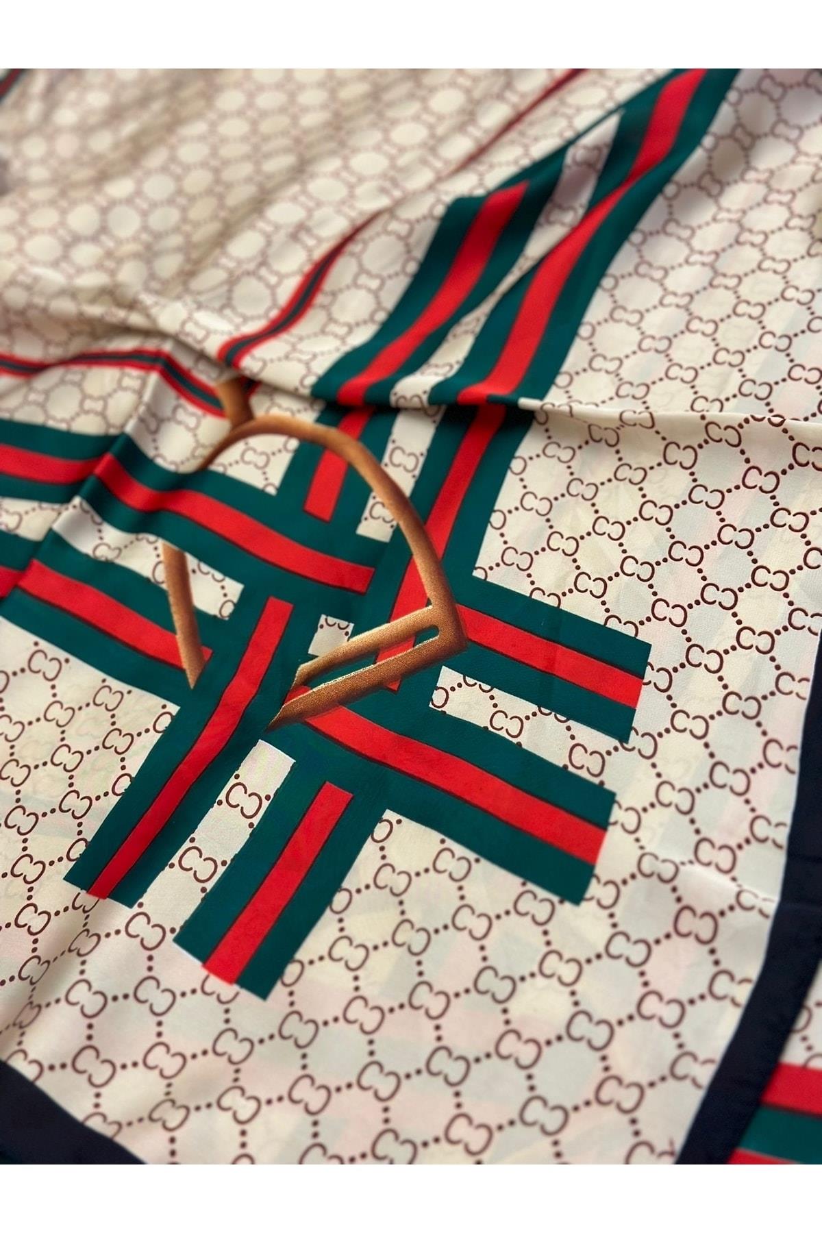 Ithal Marka Moda Trend Eşarp Şal Baş Örtüsü Zincr Kemer Desenli Ipek Kumaş 90x180 Krem Yeşil Kırmızı
