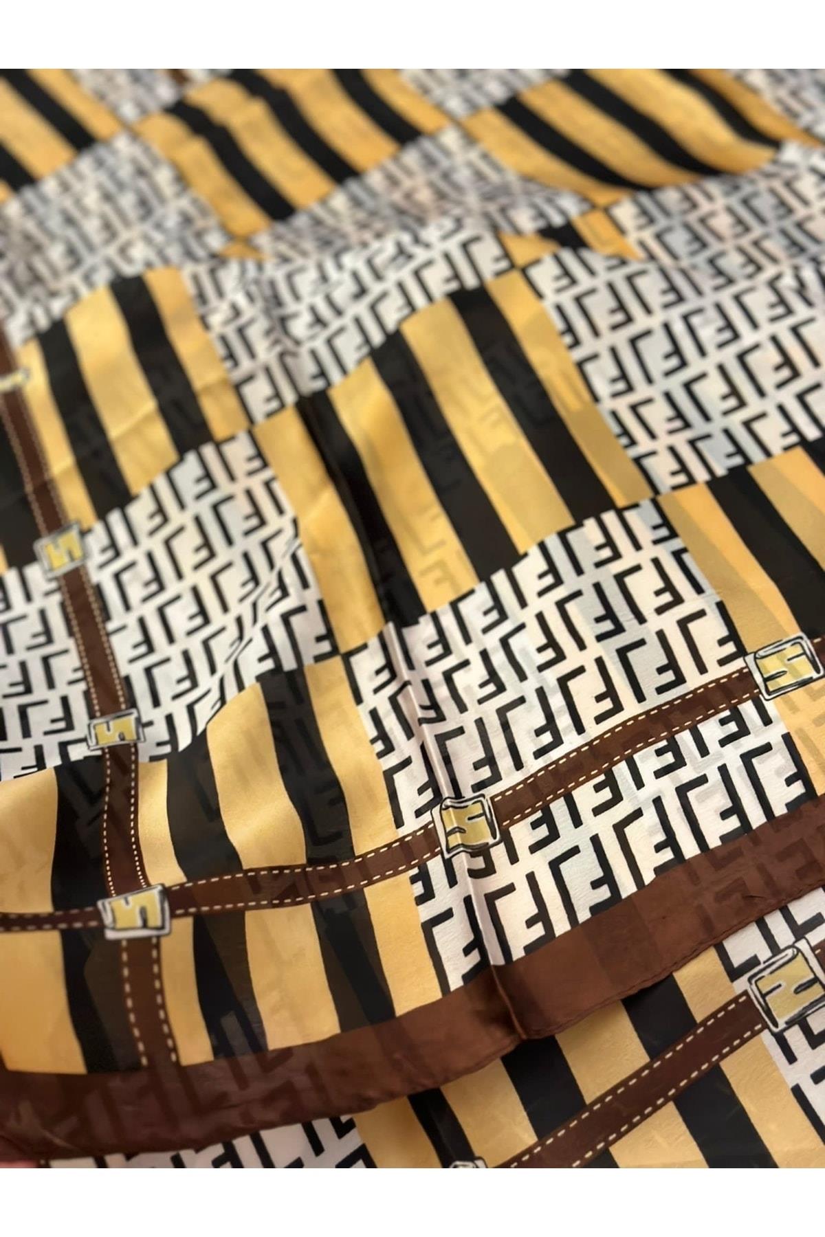 Ithal Marka Moda Trend Eşarp Şal Baş Örtüsü Zincir Kemer Desenli Ipek Kumaş 90x180 Kahverengi Gold