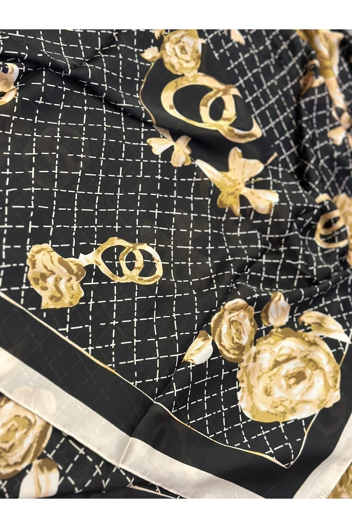 Ithal Marka Moda Trend Lç Eşarp Şal Baş Örtüsü Kamlya Gül Çiçek Desenli Ipek Kumaş 90x180 Siyah Gold