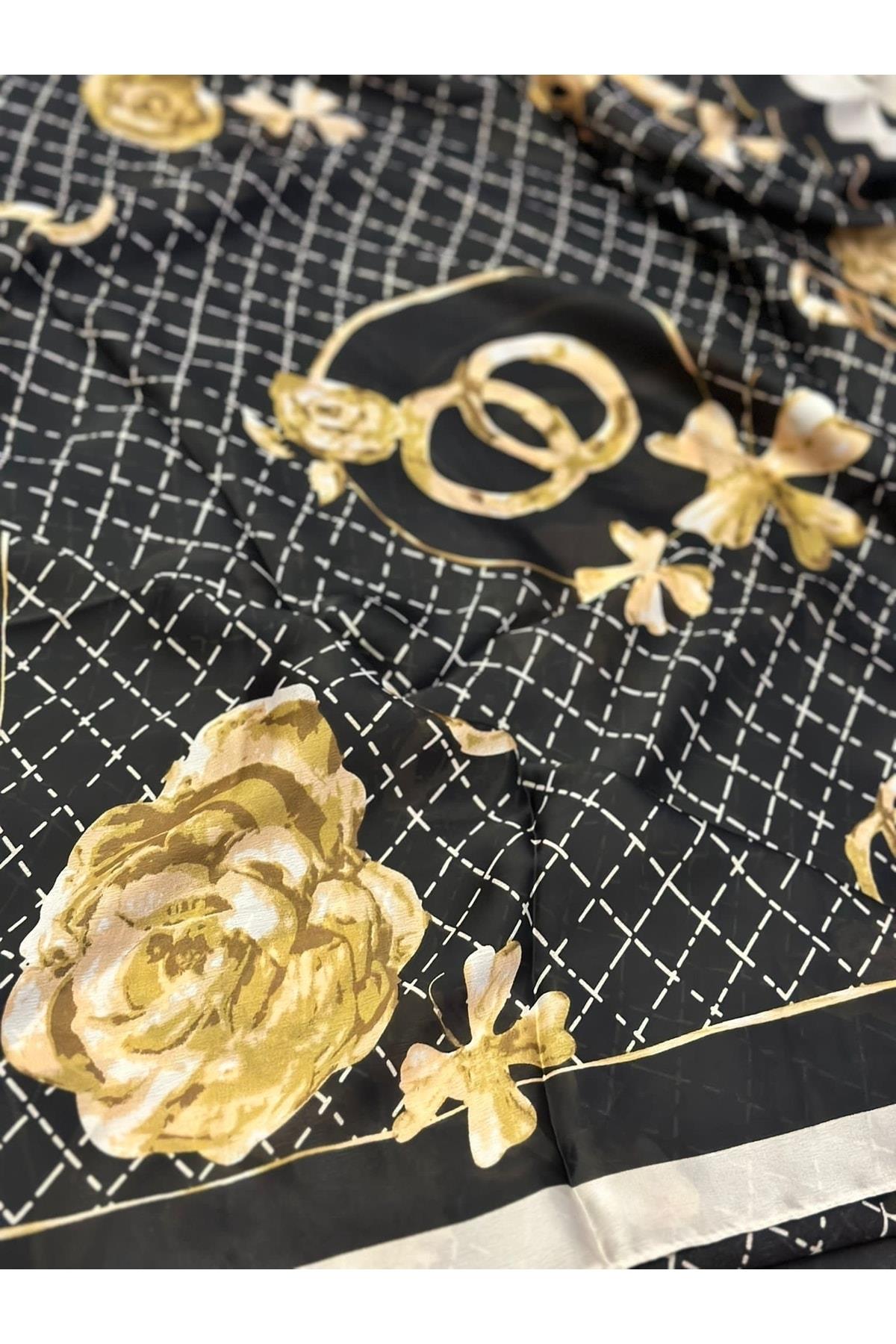 Ithal Marka Moda Trend Lç Eşarp Şal Baş Örtüsü Kamlya Gül Çiçek Desenli Ipek Kumaş 90x180 Siyah Gold