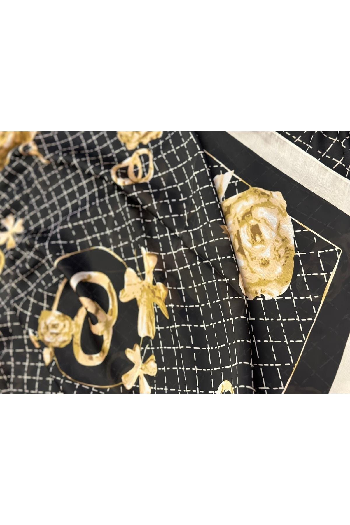 Ithal Marka Moda Trend Lç Eşarp Şal Baş Örtüsü Kamlya Gül Çiçek Desenli Ipek Kumaş 90x180 Siyah Gold