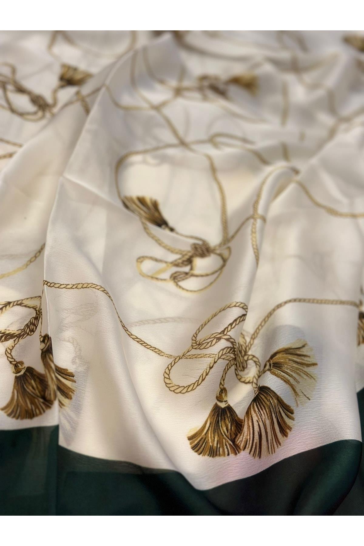 Ithal Marka Moda Trend Lüks Eşarp Şal Baş Örtüsü Zincir Püskül Desenli Ipek Kumaş 90x180 Beyaz Gold