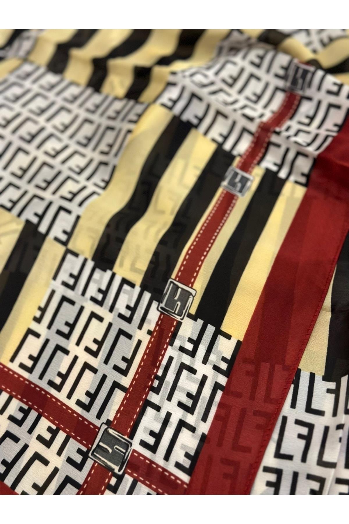 Ithal Marka Moda Trend Lüks Eşarp Şal Baş Örtüsü Zincir Kemer Desenli Ipek Kumaş 90x180 Bordo Krem
