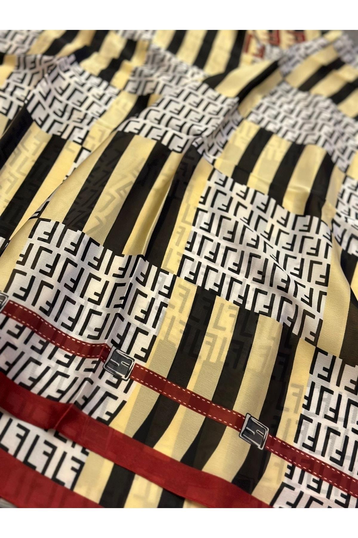 Ithal Marka Moda Trend Lüks Eşarp Şal Baş Örtüsü Zincir Kemer Desenli Ipek Kumaş 90x180 Bordo Krem