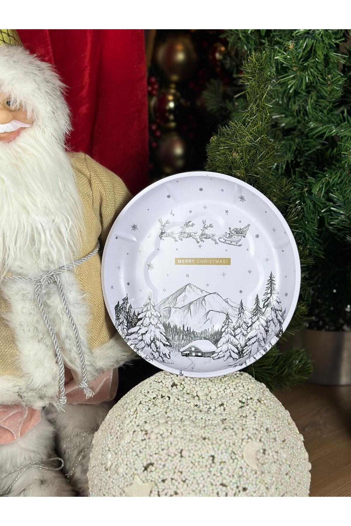 İthal metal büyük yuvarlak tepsi karlı yılbaşı ev ağaç geyik desenli tabak sunum hediyelik christmas
