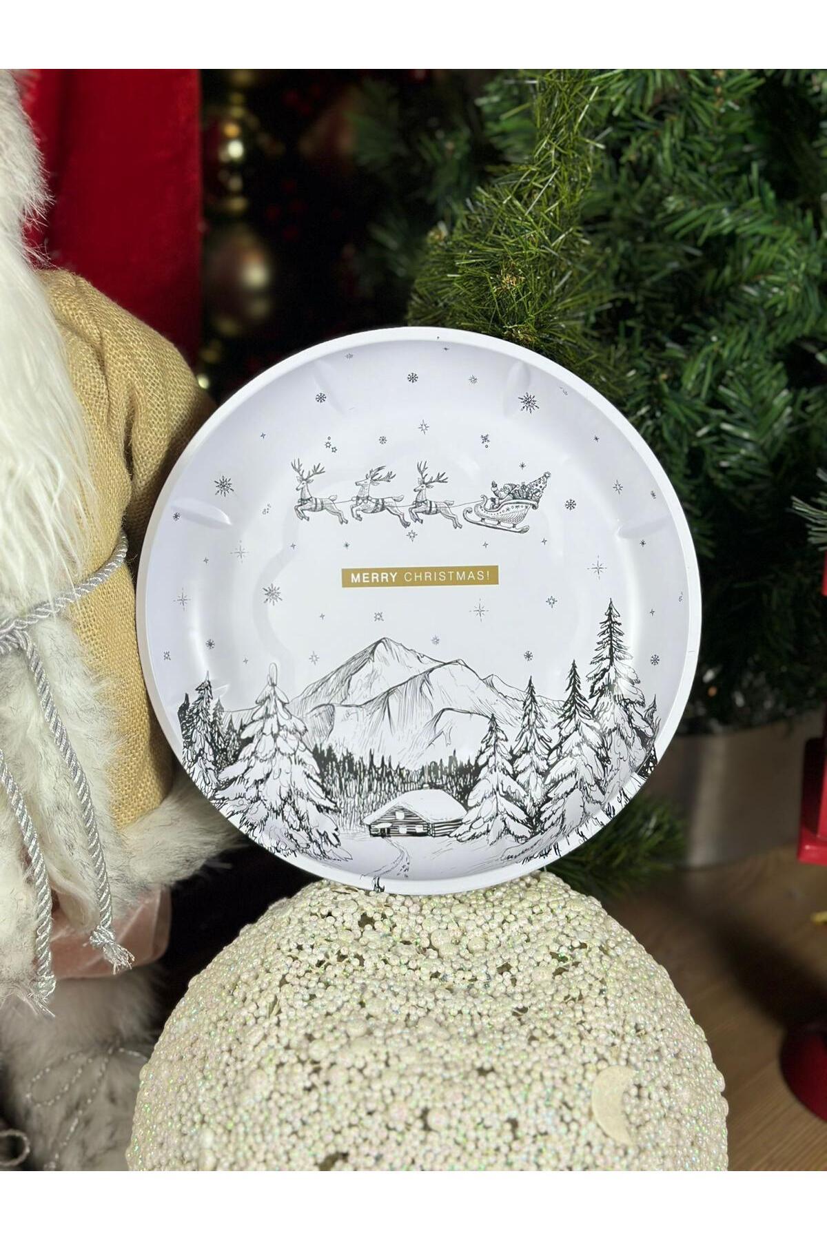 İthal metal büyük yuvarlak tepsi karlı yılbaşı ev ağaç geyik desenli tabak sunum hediyelik christmas