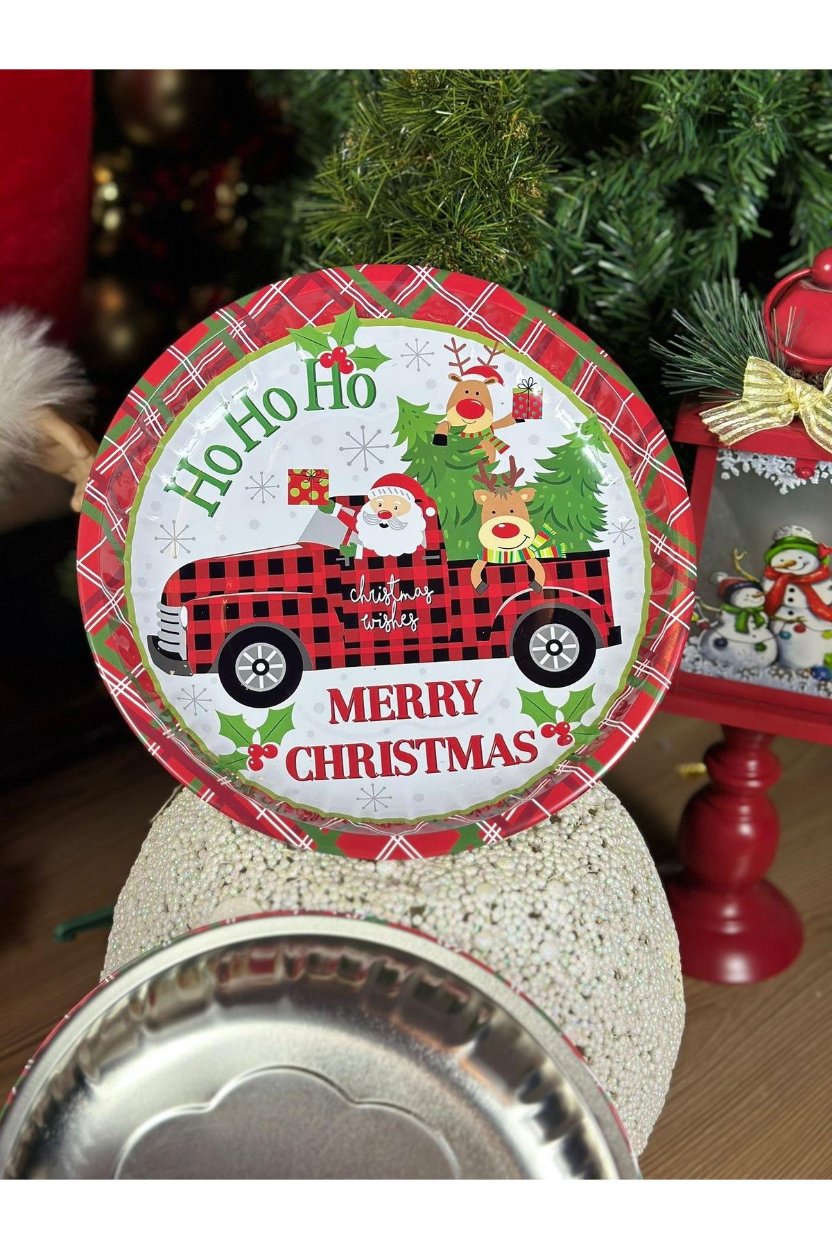 İthal metal büyük yuvarlak tepsi tabak sunum hediyelik merry christmas noel baba geyik desenli