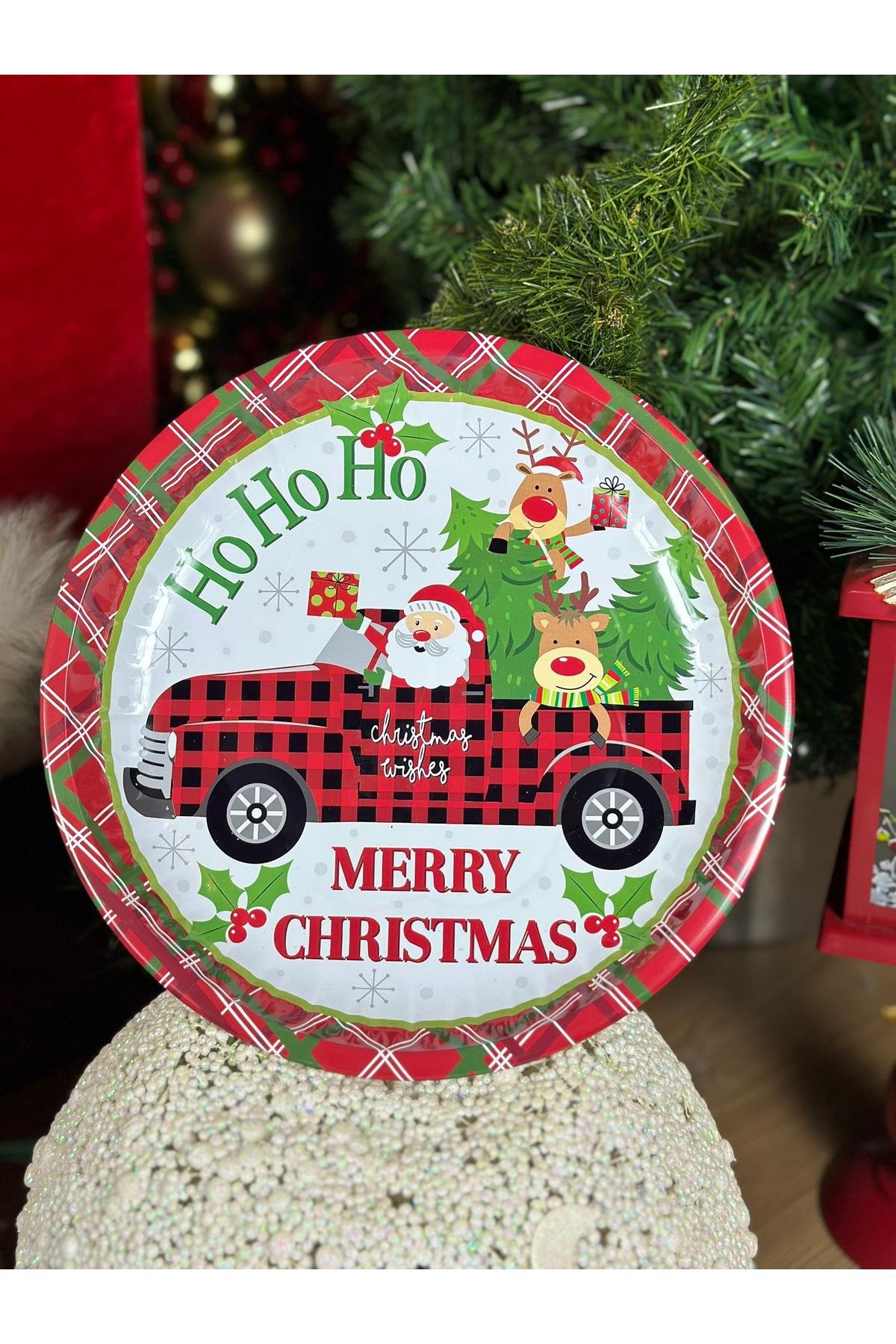 İthal metal büyük yuvarlak tepsi tabak sunum hediyelik merry christmas noel baba geyik desenli