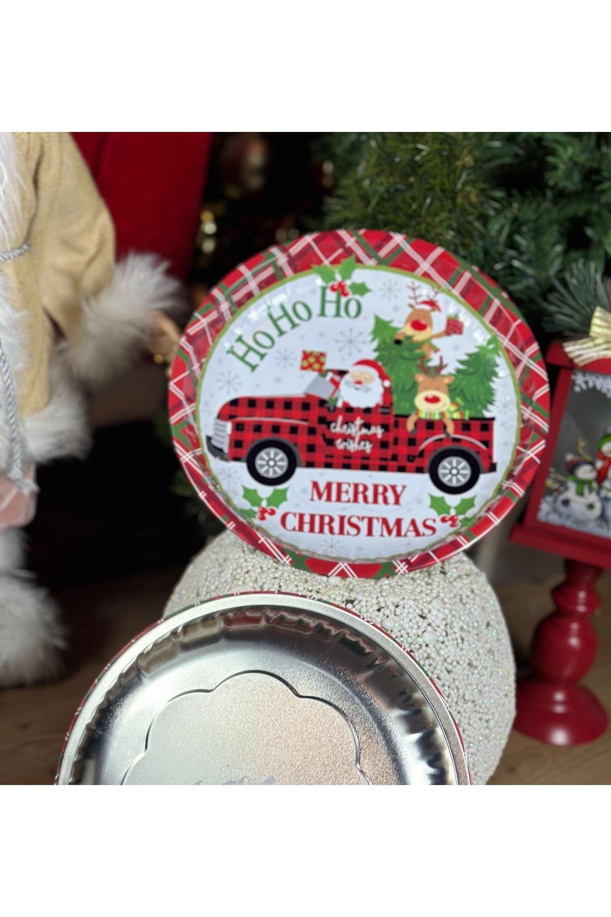 İthal metal büyük yuvarlak tepsi tabak sunum hediyelik merry christmas noel baba geyik desenli