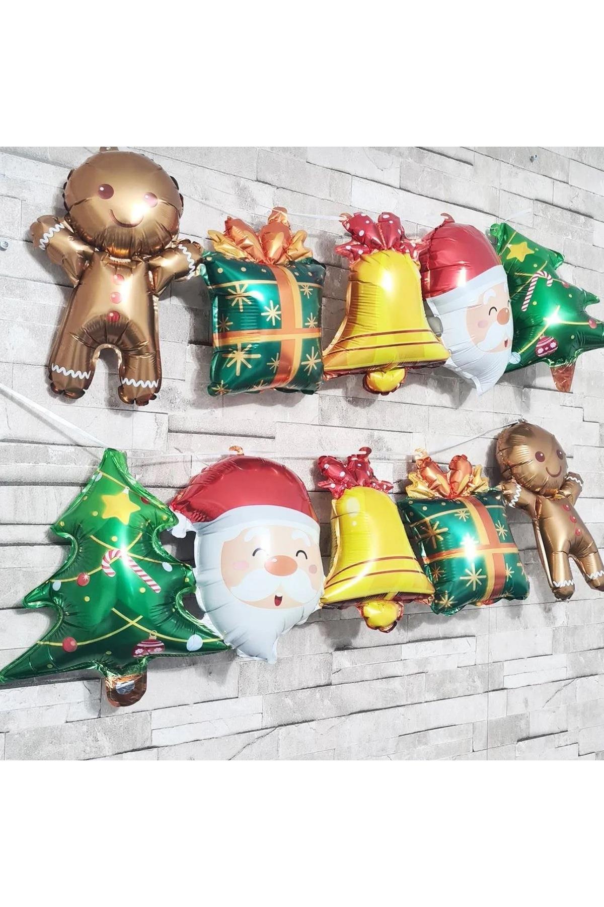 İthal yılbaşı Noel baba çam ağacı hediye paketi kurabiye adam folyo balon seti 10 adet 2li zincir