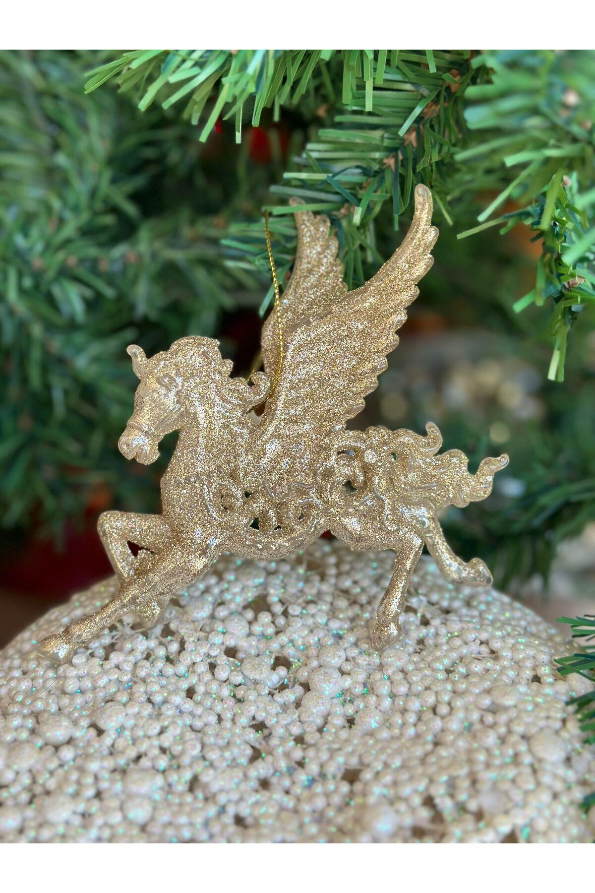 İthal yılbaşı simli koleksiyonluk kanatlı at boynuzlu unicorn çam ağacı dekorasyon süsü gold altın
