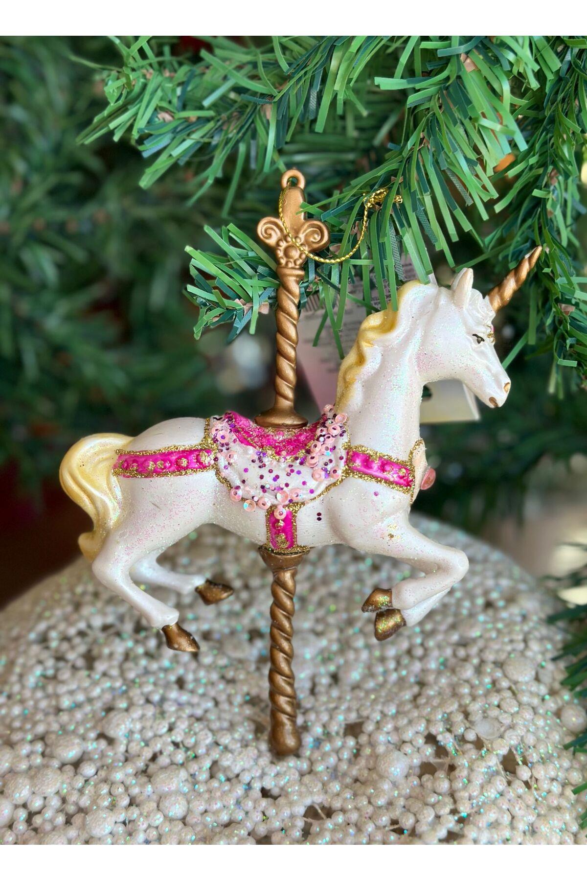 İthal yılbaşı simli taşlı koleksiyonluk carousel atlı karınca unicorn at çam ağacı dekorasyon süsü
