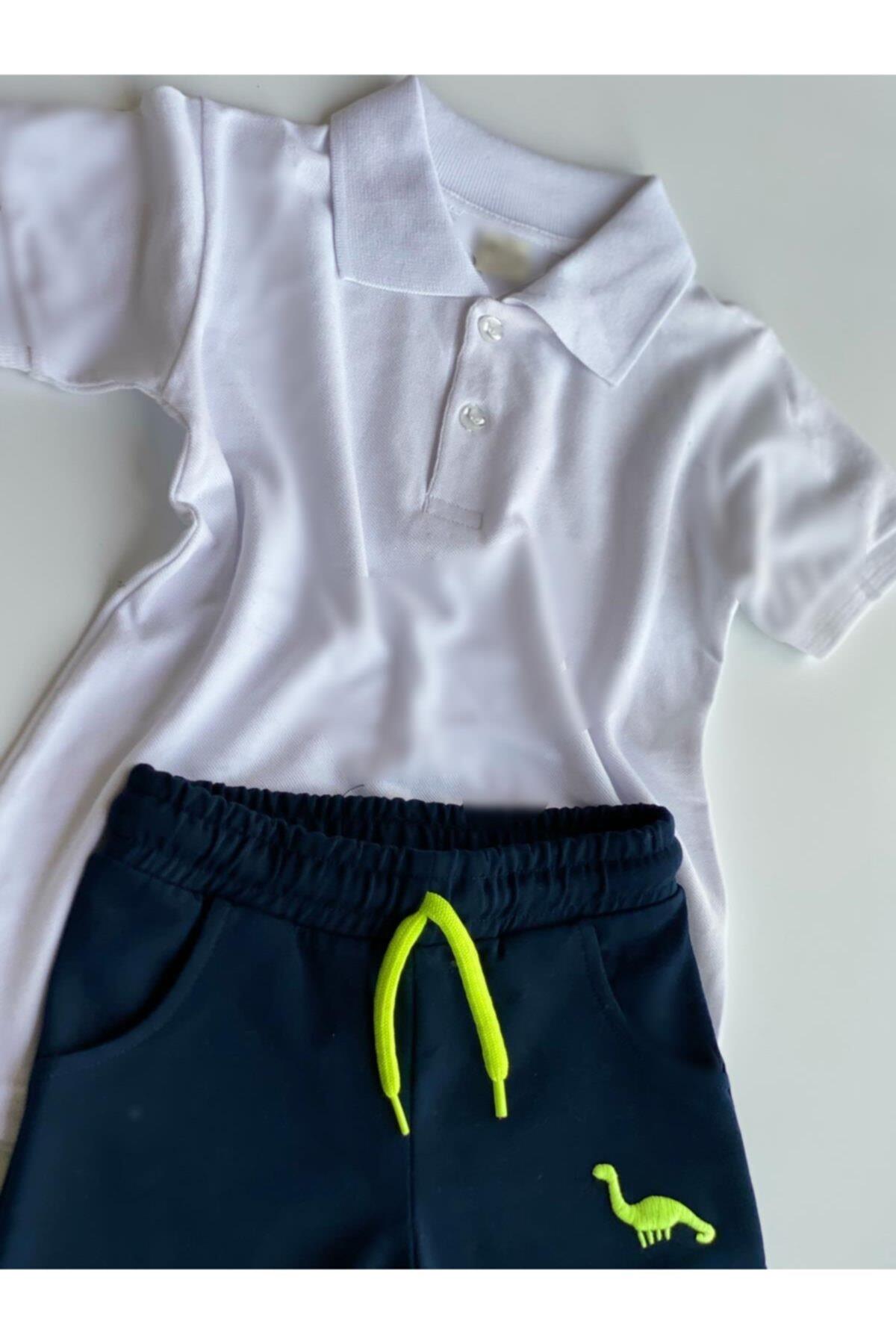 Karanlıkta Parlayan Fosforlu Sevimli Erkek Çocuk Dinazorlu Şort Polo Yaka Tshirt Kombin 2 Li Takım