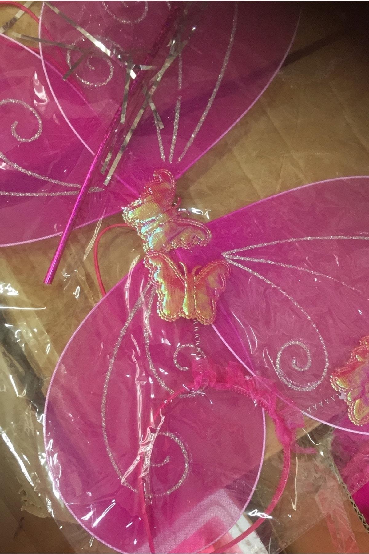 Kelebek Melek Peri Kanadı Lastikli Simli Kanat Asa Sopa Taç Set Çocuk Kostüm Pembe