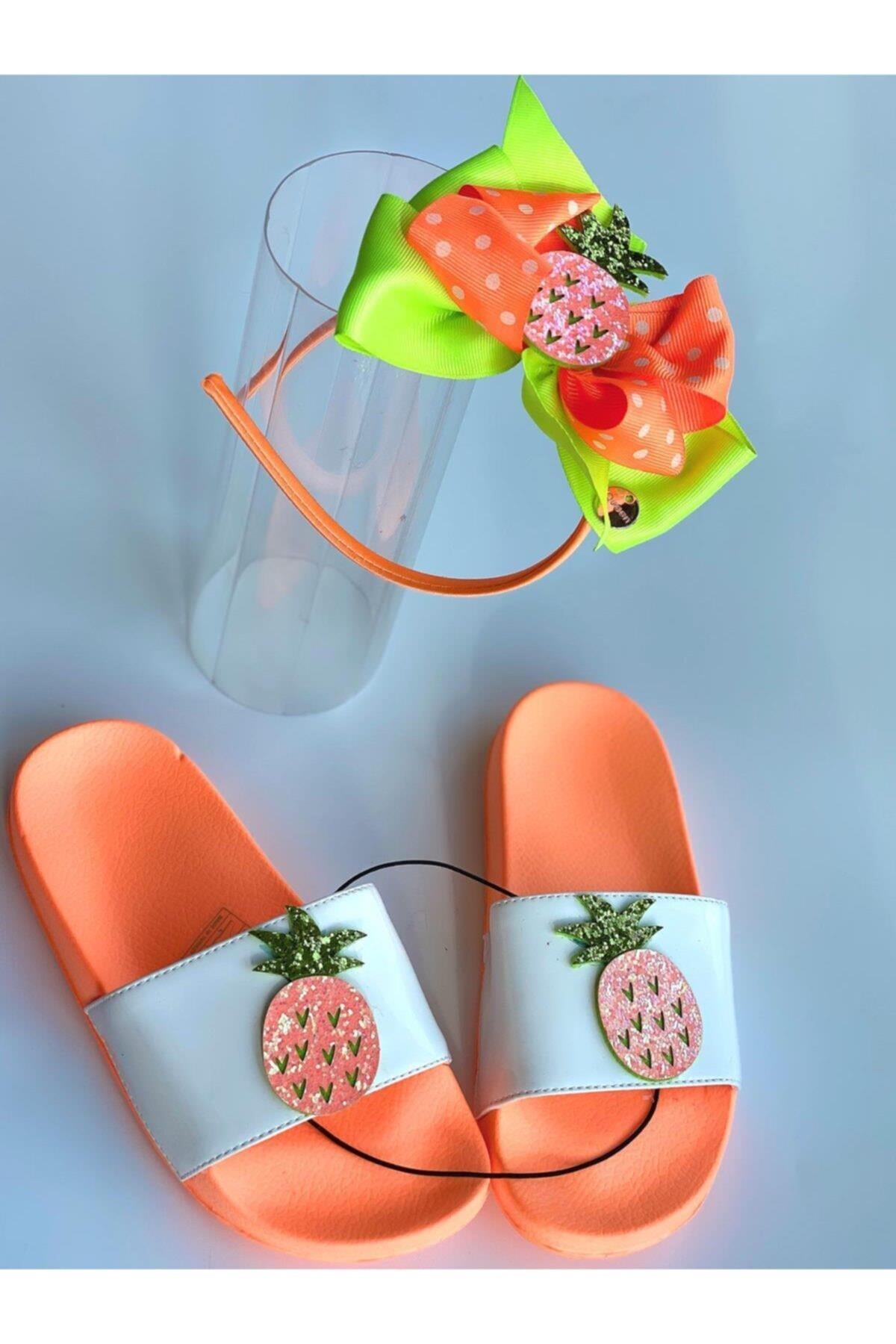 Kız Çocuk Özel Tasarım Simli Pullu Ananas Terlik +Fiyonk Taç seti