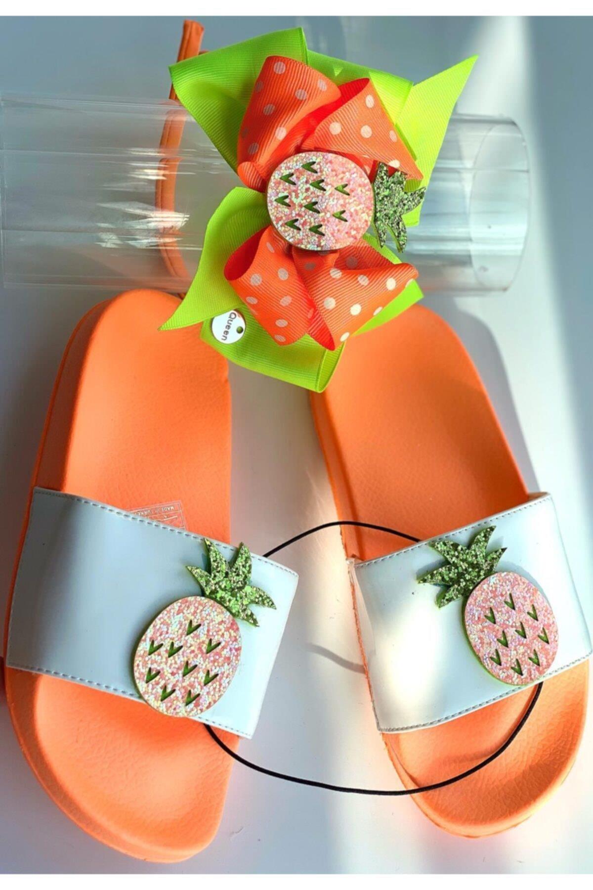 Kız Çocuk Özel Tasarım Simli Pullu Ananas Terlik +Fiyonk Taç seti