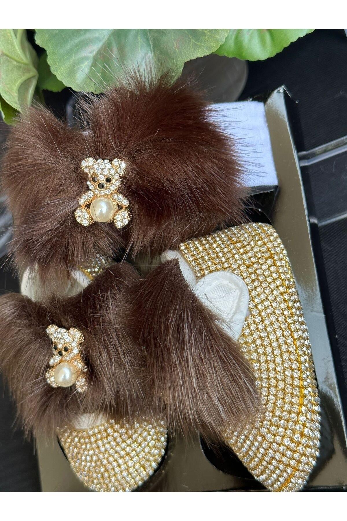 Lüks inci kahve tüylü Ayıcık broş kristal taşlı kaplama tasarım kız bebek ayakkabı patik saç bantı
