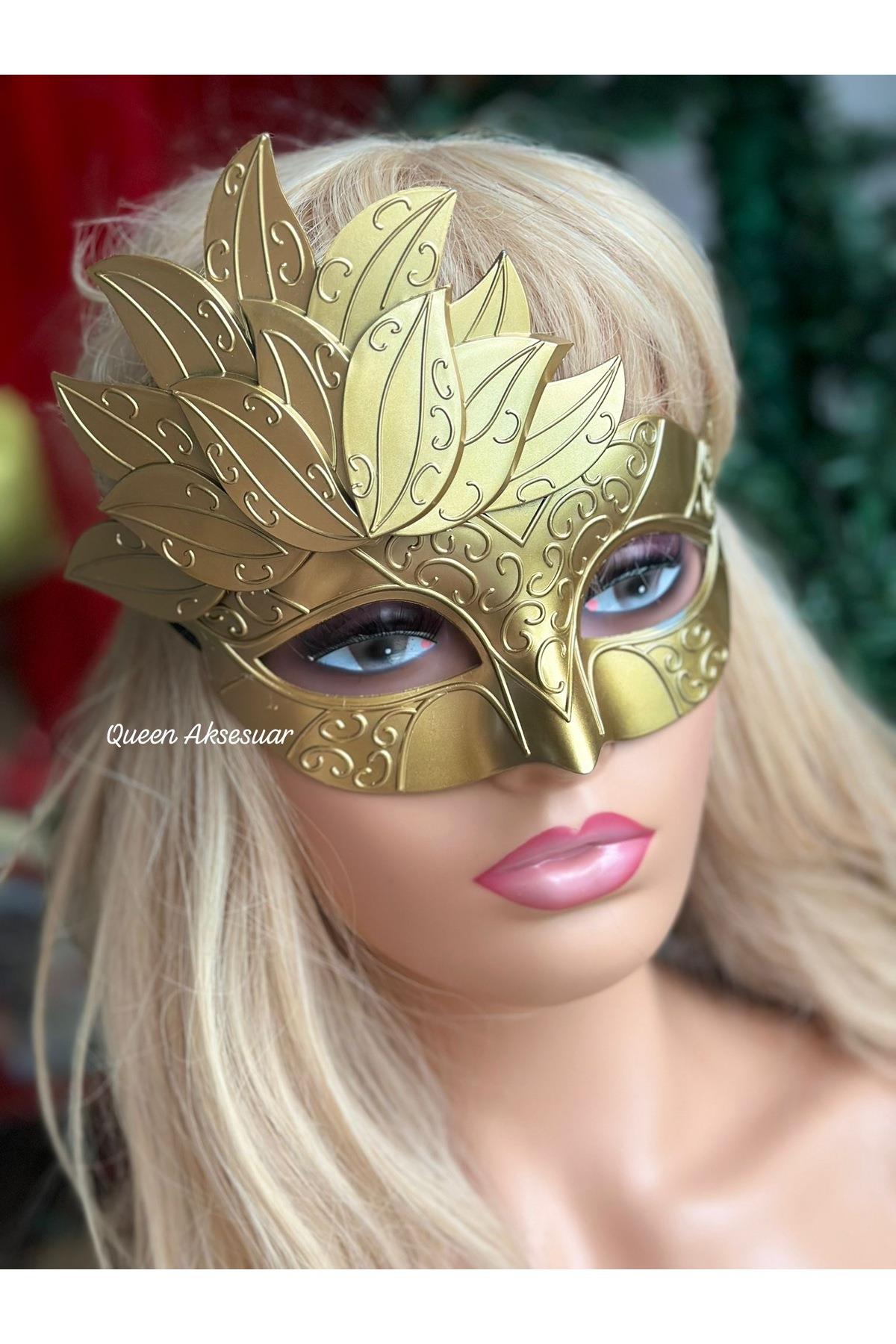 Lüks ithal Yılbaşı parti balo kostüm maskesi gözlük yaprak motifli kadın maske gözlüğü gold no3