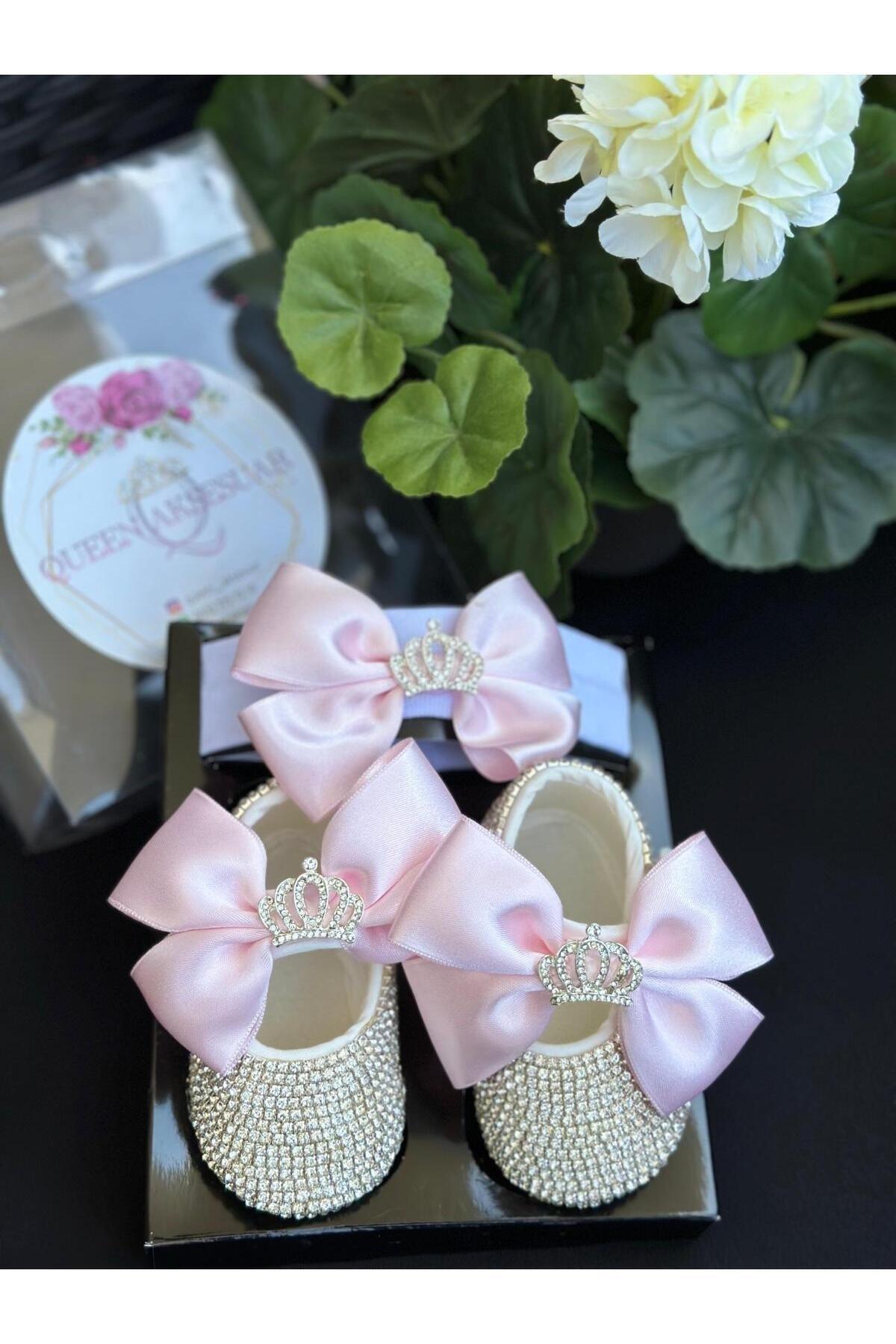 Lüks kristal taşlı swarovski kaplama kız bebek tasarım ayakkabı patik saç bantı pembe fiyonk prenses