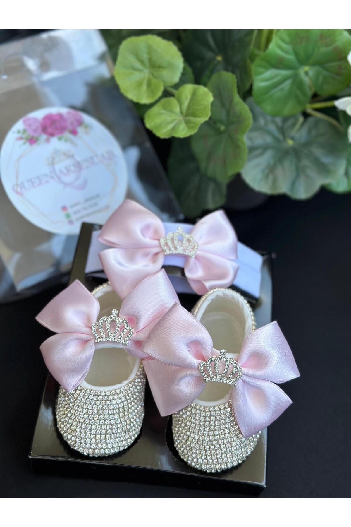 Lüks kristal taşlı swarovski kaplama kız bebek tasarım ayakkabı patik saç bantı pembe fiyonk prenses