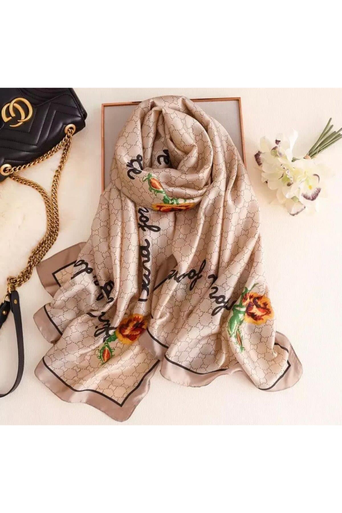 Lüks Moda Çiçek Desenli Karamel Krem Ipek Eşarp Şal 90x180