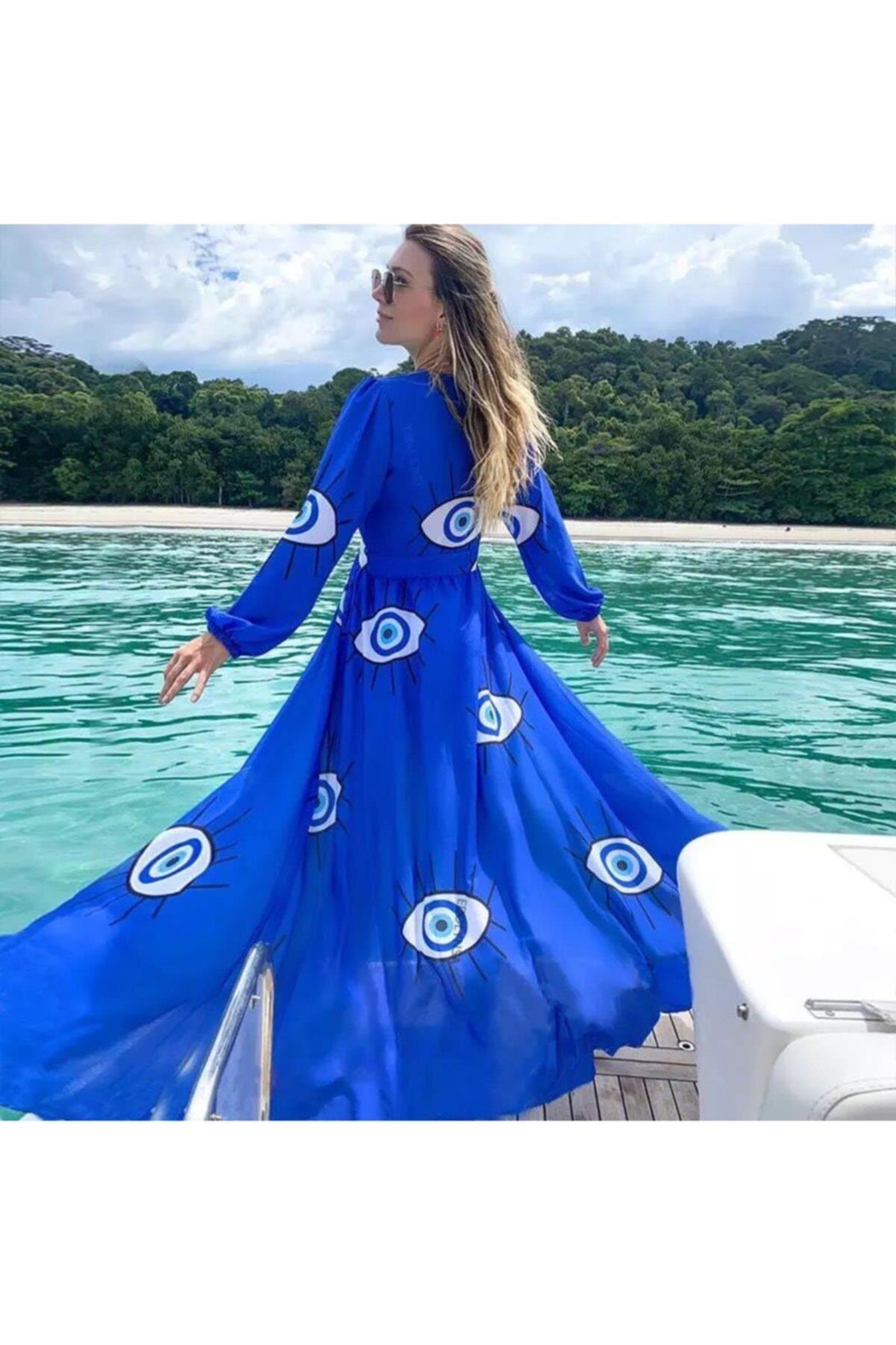 Lüks Moda Nazar Göz Desen Pareo Plaj Elbise Mavi Gözler Cover Up