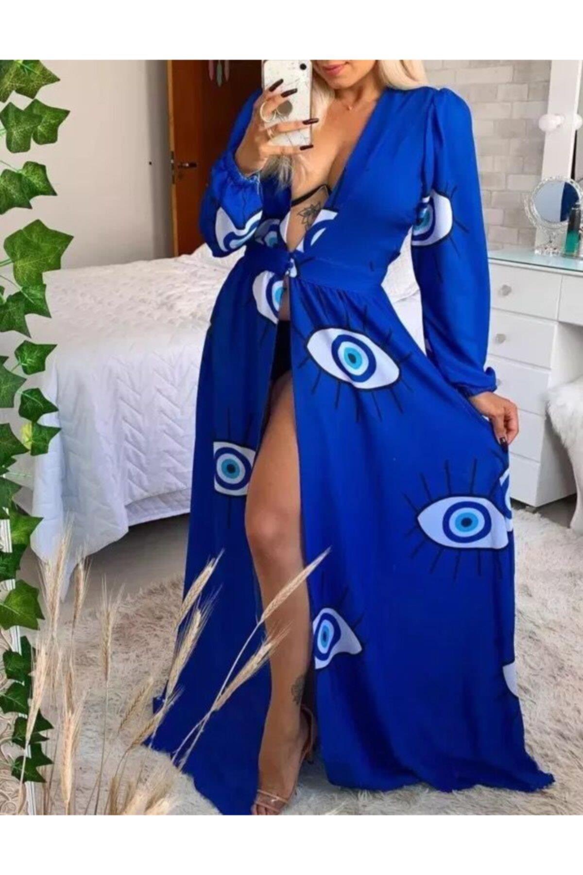 Lüks Moda Nazar Göz Desen Pareo Plaj Elbise Mavi Gözler Cover Up