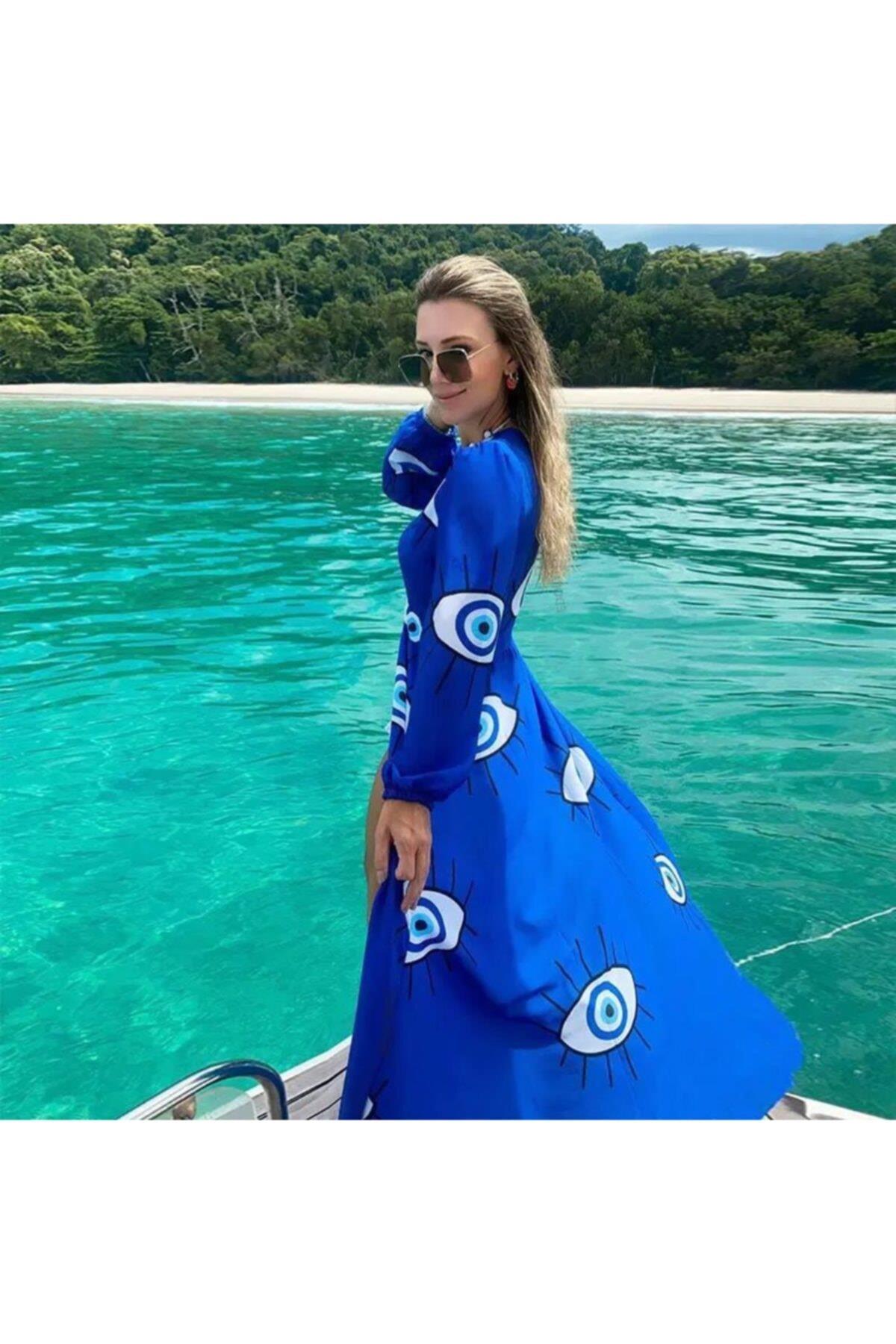 Lüks Moda Nazar Göz Desen Pareo Plaj Elbise Mavi Gözler Cover Up