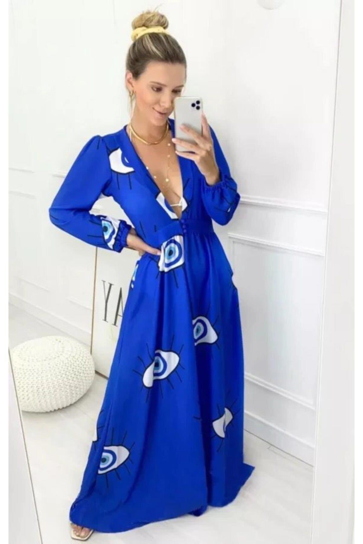 Lüks Moda Nazar Göz Desen Pareo Plaj Elbise Mavi Gözler Cover Up
